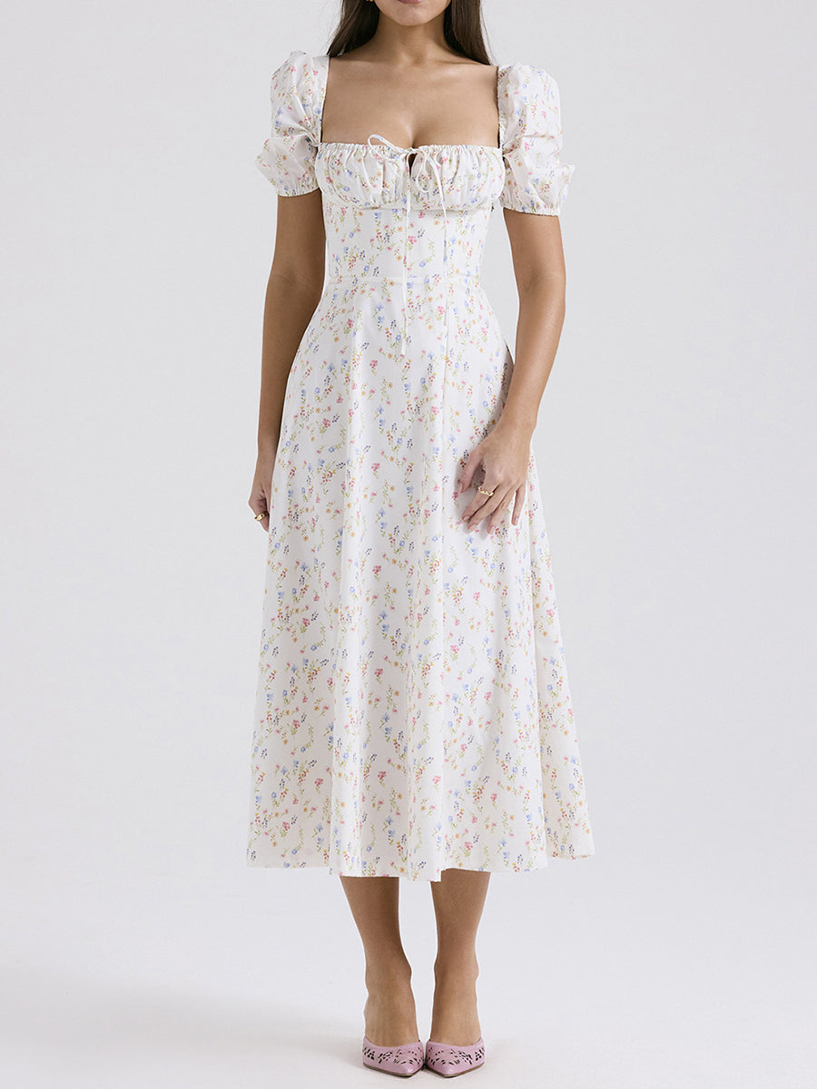 Onbely robe de soirée longue blanche à imprimé fleuri col carré et manches bouffantes pour ou mariage