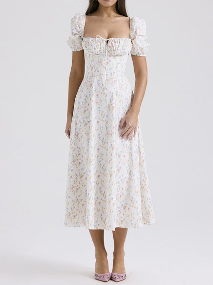 Onbely robe de soirée longue blanche à imprimé fleuri col carré et manches bouffantes pour ou mariage
