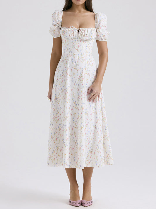 Onbely robe de soirée longue blanche à imprimé fleuri col carré et manches bouffantes pour ou mariage