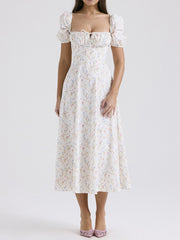 Onbely long white evening dress with floral print square neck and puff sleeves for or wedding