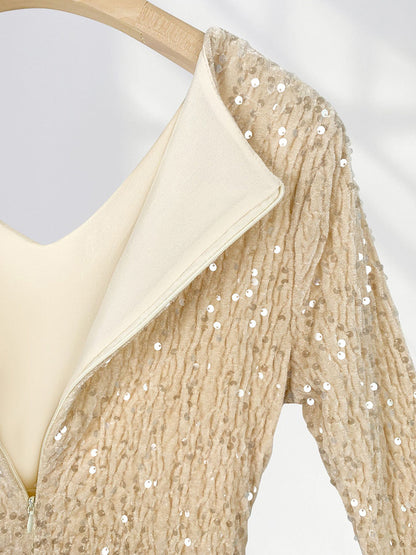 Onbely robe courte moulante velours brillante paillette Col en V cocktail