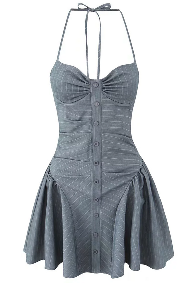 Onbely robe courte trapèze gris unicolore bustier dos nu à fines brides élégant mode vacances bal de promo