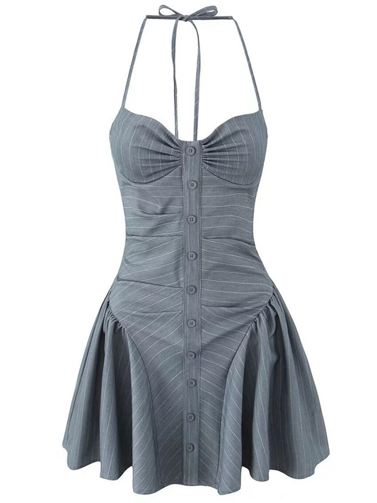 Onbely robe courte trapèze gris unicolore bustier dos nu à fines brides élégant mode vacances bal de promo