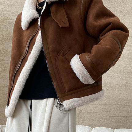 Onbely manteau aviateur en suedine laine pour femme hiver