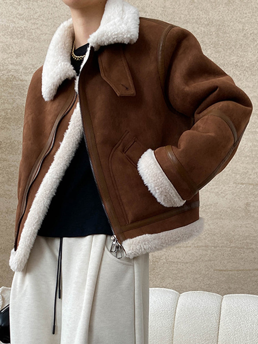 Onbely manteau aviateur en suedine laine pour femme hiver