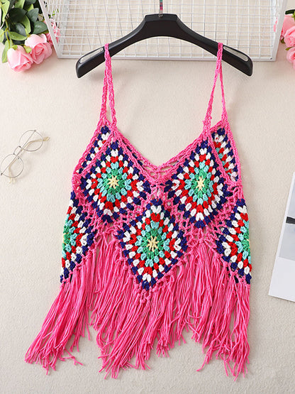 Onbely Débardeur Bohème en Crochet avec Franges Décoratives pour Vacances et Plage
