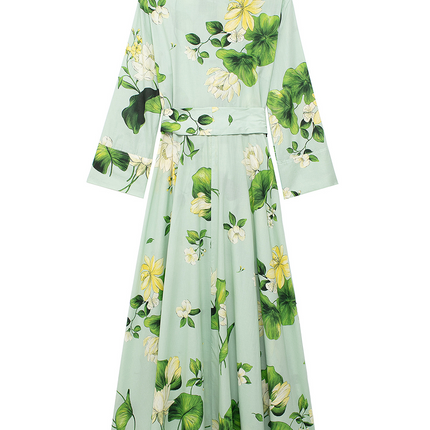 Onbely robe longue imprimé à fleurie boutonnage avec ceinture manches longues vert