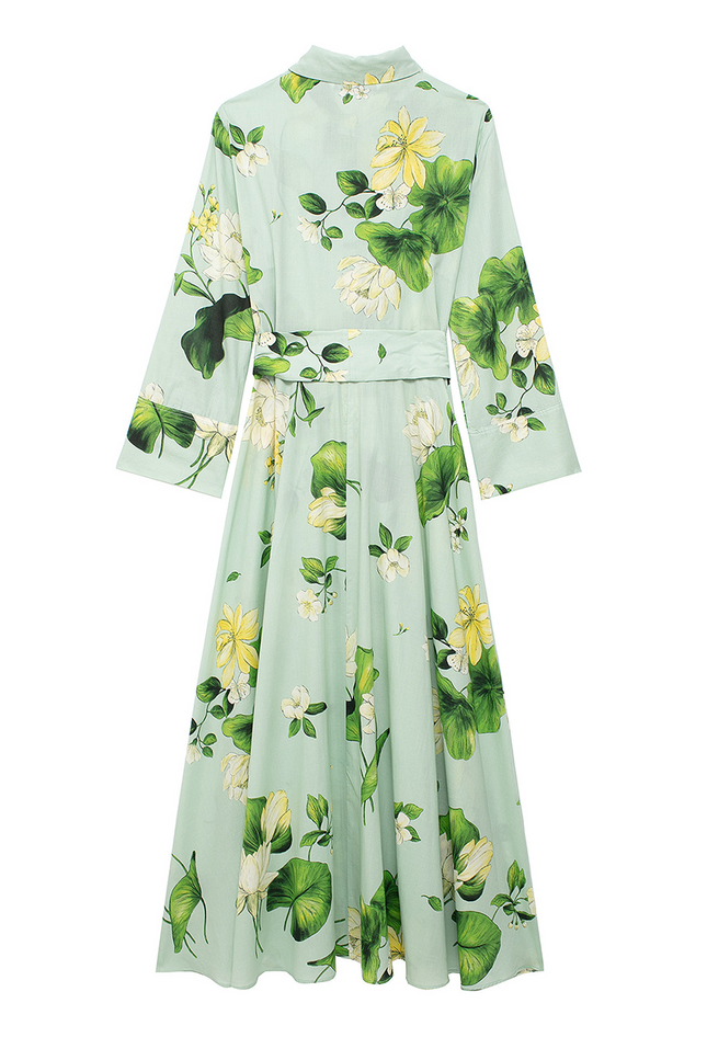 Onbely robe longue imprimé à fleurie boutonnage avec ceinture manches longues vert