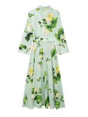 Onbely robe longue imprimé à fleurie boutonnage avec ceinture manches longues vert