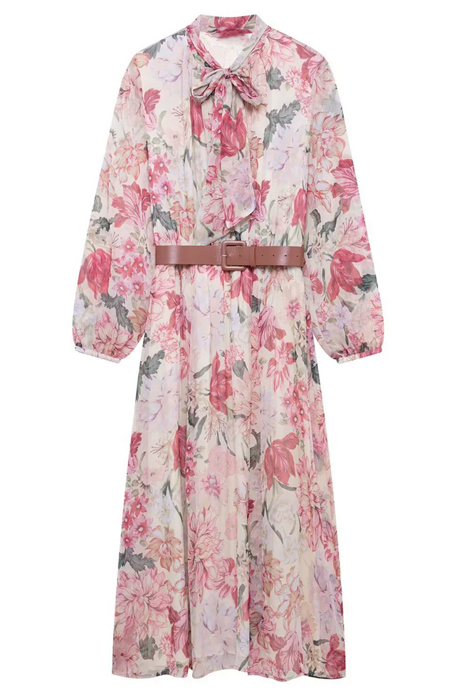 Onbely mi-longue Robe mousseline imprimé à fleurie Manches Longues Rose