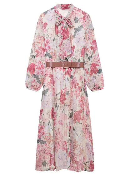 Onbely mi-longue Robe mousseline imprimé à fleurie Manches Longues Rose