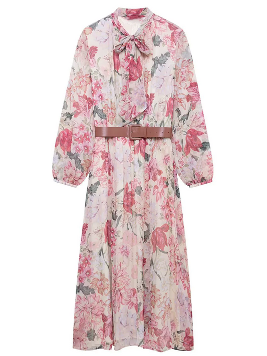 Onbely mi-longue Robe mousseline imprimé à fleurie Manches Longues Rose