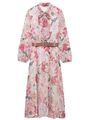 Onbely Robe Longue Femme Maxi Dress Bohème Chic à Fleurs Manches Longues Bouffantes Nœud au Col Vintage Soirée Vacances Casual