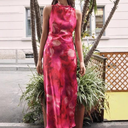 Onbely robe longue moulante imprimé à fleurie col rond taille marquée doux vacances tous les jours