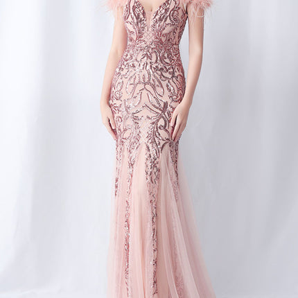 Onbely robe de soirée maxi longue en paillettes brillantes avec plumes pour un mariage femme cérémonie