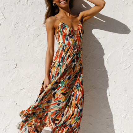 Onbely mi-longue robe imprimé à fleurie dos nu à fines brides col en V doux mode tous les jours vacances boho dress