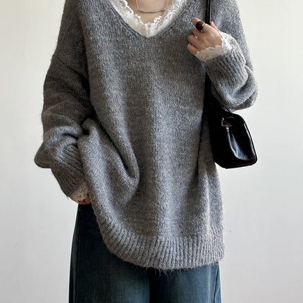 Onbely pull dentelle Col en V pour femme ample casual
