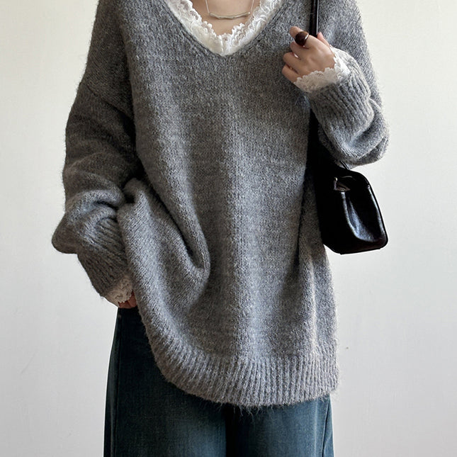 Onbely pull dentelle Col en V pour femme ample casual