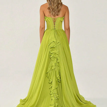 Onbely robe de soirée maxi longue fendue sur le côté à volants bustier vert pour un mariage femme cérémonie