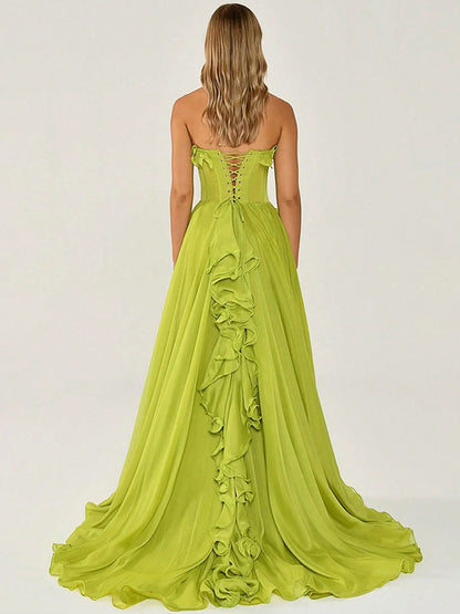 Onbely robe de soirée maxi longue fendue sur le côté à volants bustier vert pour un mariage femme cérémonie