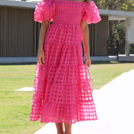 Onbely mi-longue robe carreaux col bateau manches bouffantes cocktail