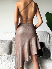 Onbely Robe Courte Pailletée Femme Robe de Soirée Cocktail Sexy Dos Nu Asymétrique Ajustée Brillante Bretelles Fines