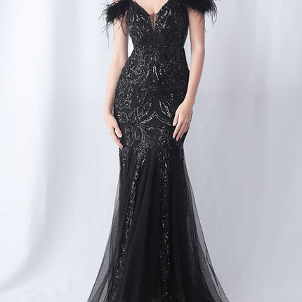 Onbely robe de soirée maxi longue en paillettes brillantes avec plumes pour un mariage femme cérémonie