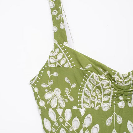 Onbely robe de soirée longue brodée motif cachemire vert sans manches à fines brides pour bal et plage -boho dress