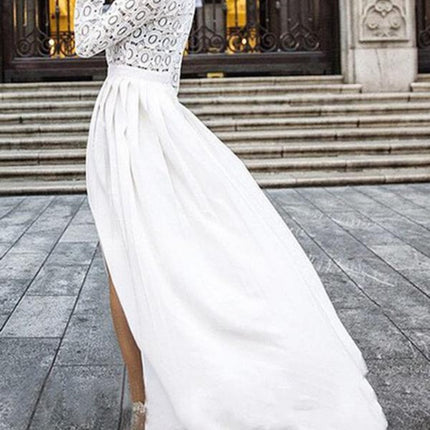 Onbely robe de soirée longue unicolore dentelle fendu le côté col rond manches longues froncée élégant bal de promo cérémonie