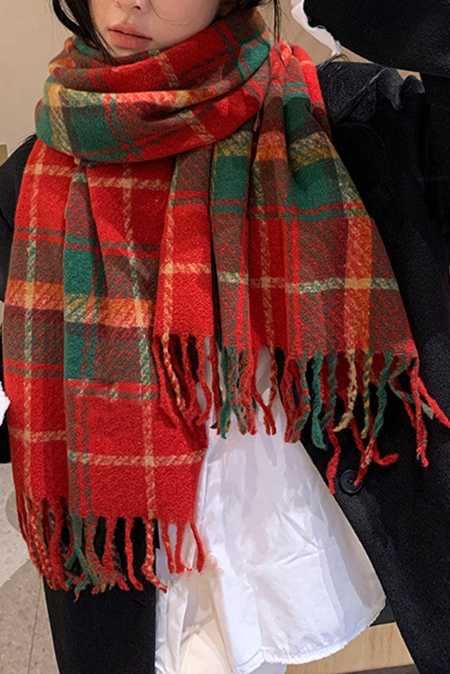 Onbely écharpe à carreaux rouges et verts avec frange pour noël