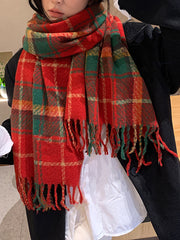 Onbely Red and Green Plaid Scarf with Fringe for Christmas