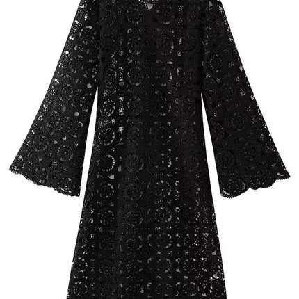 Onbely robe longue trapèze unicolore dentelle brodée col en V manches trompette manches longues mode tous les jours bureau