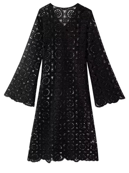 Onbely robe longue trapèze unicolore dentelle brodée col en V manches trompette manches longues mode tous les jours bureau