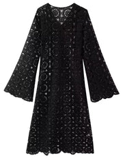 Onbely robe longue trapèze unicolore dentelle brodée col en V manches trompette manches longues mode tous les jours bureau