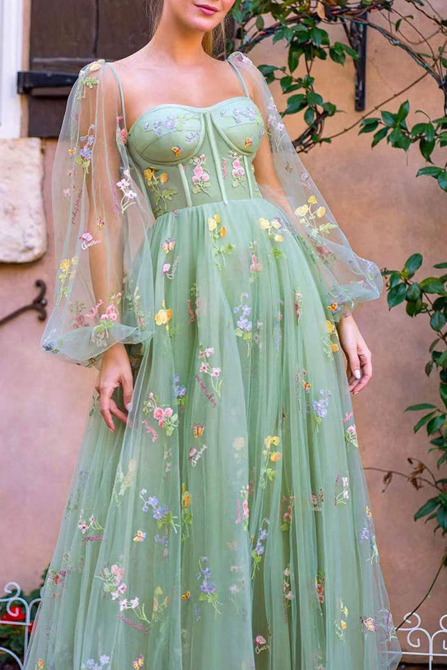 Onbely robe de soirée longue à bustier brodé et manches longues pour un bal de promo ou un mariage