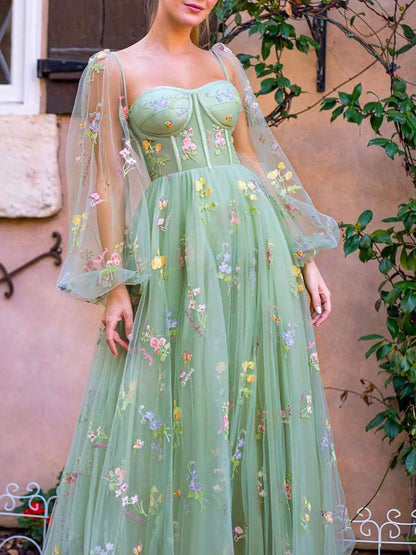 Onbely robe de soirée longue à bustier brodé et manches longues pour un bal de promo ou un mariage