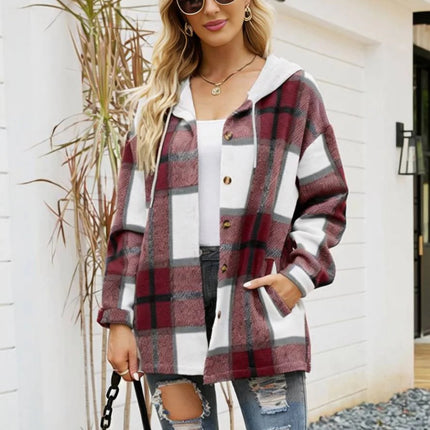 Onbely surchemise femme à carreaux avec capuche boutonnage poches manches longues style vintage décontracté veste