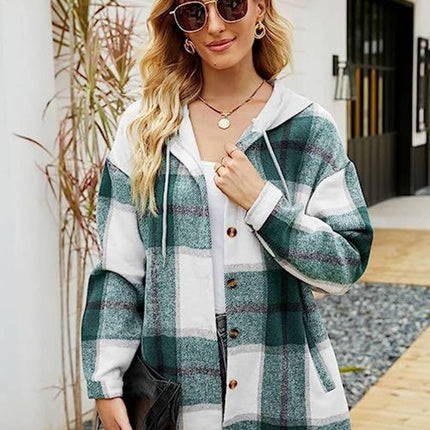 Onbely surchemise femme à carreaux avec capuche boutonnage poches manches longues style vintage décontracté veste
