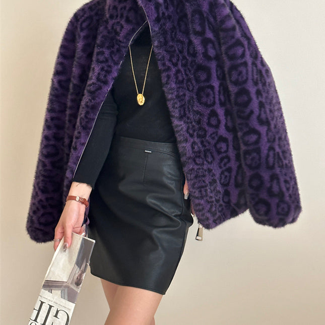 Onbely manteau en fausse fourrure léopard avec fermeture éclair femme mode