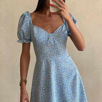 Onbely robe courte trapèze fleurs dos nu col carré manches bouffantes manches courtes taille marquée doux tous les jours vacances