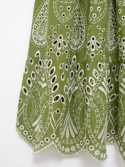 Onbely robe de soirée longue brodée motif cachemire vert sans manches à fines brides pour bal et plage