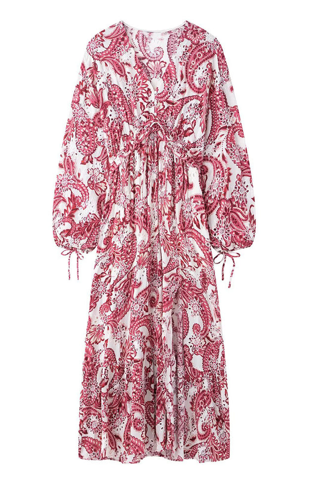 Onbely Robe Midi Bohème Paisley brodée V-col Manches Longues Vacances boho dress