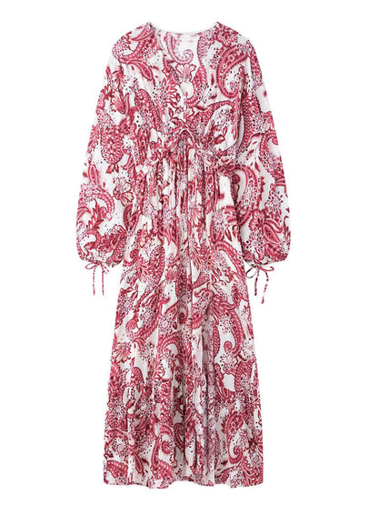 Onbely Robe Midi Bohème Paisley brodée V-col Manches Longues Vacances