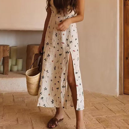 Onbely mi-longue robe fendu le côté lin brodée dos nu bretelle col carré décontracté