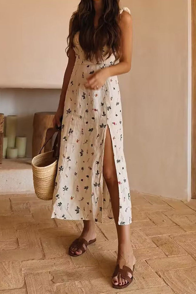 Onbely mi-longue robe fendu le côté lin brodée dos nu bretelle col carré décontracté