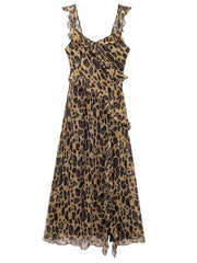 Onbely Leopard Print Side Slit Ruffle Long Evening Dress Fashion