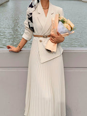 Onbely long pleated blazer dress with belt for women in white fashion