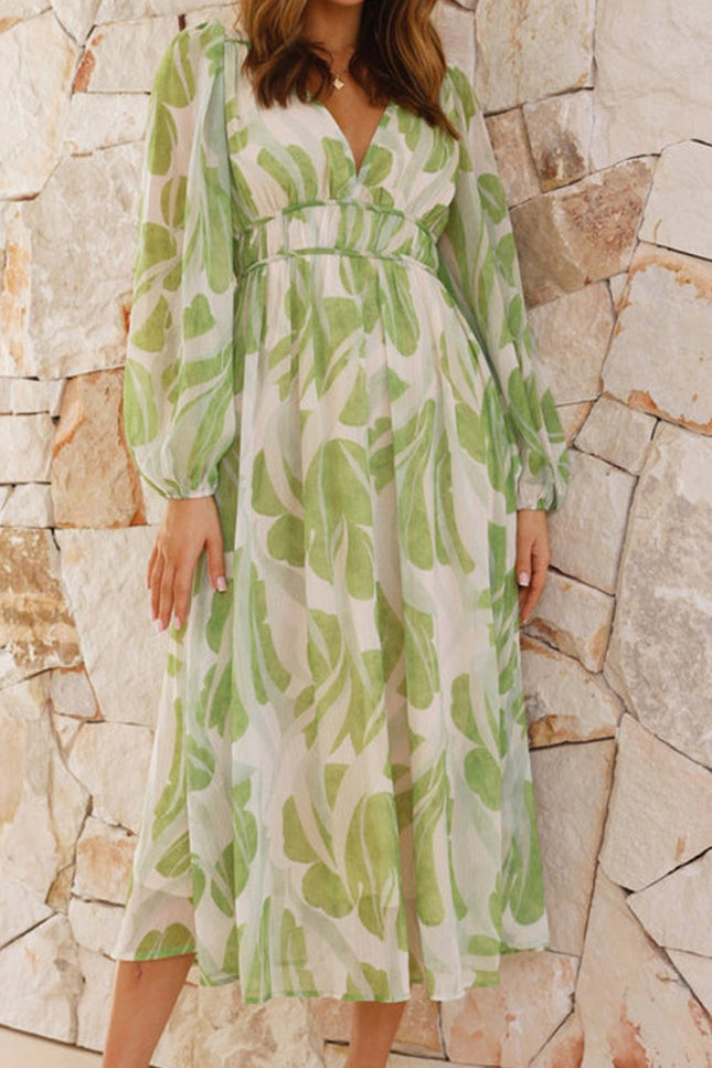 Onbely robe longue imprimé tropicale mousseline v-cou manches longues mode vacances