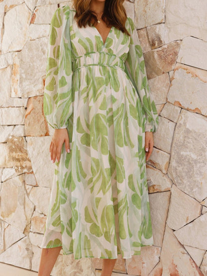 Onbely robe longue imprimé tropicale mousseline v-cou manches longues mode vacances