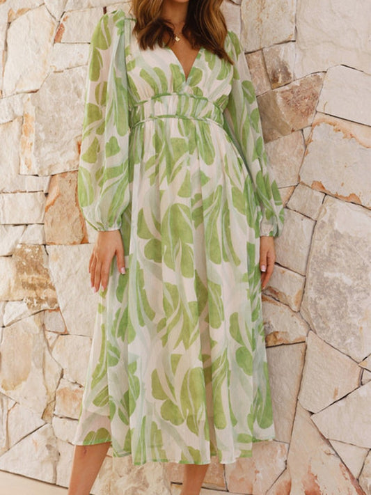 Onbely robe longue imprimé tropicale mousseline v-cou manches longues mode vacances